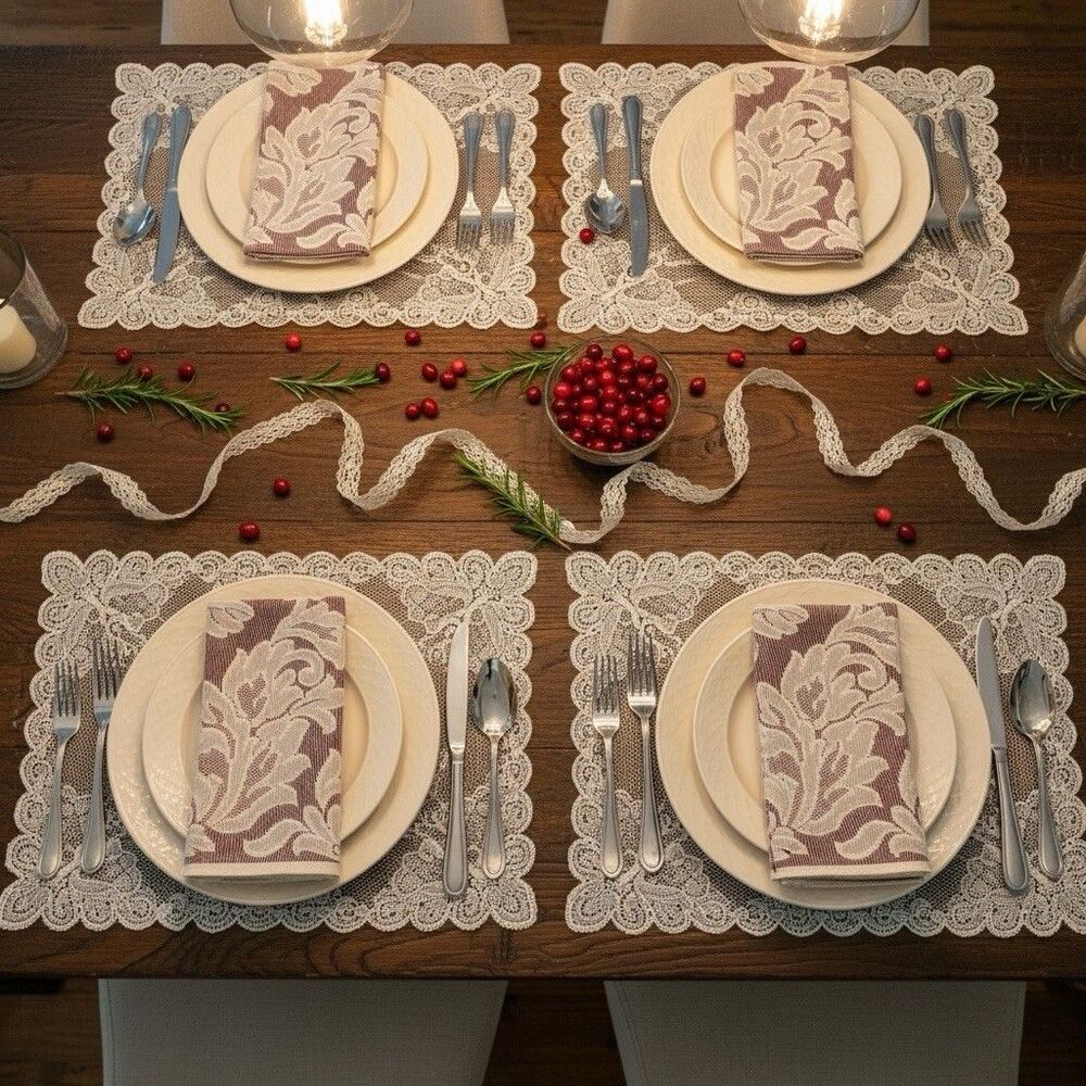 Vintage Lace Napkins Set Floral Burgundy Cranberry Cream USA Lot 4 Table Linens